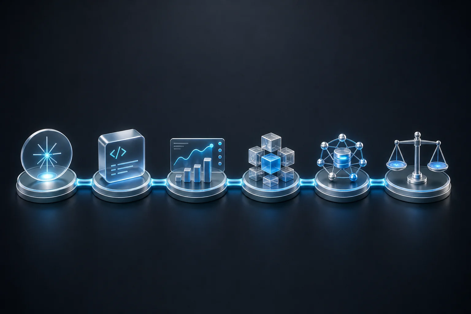 Six connected engineering stages represented by a problem spark, code, production signals, modular architecture, system network, and balanced decisions